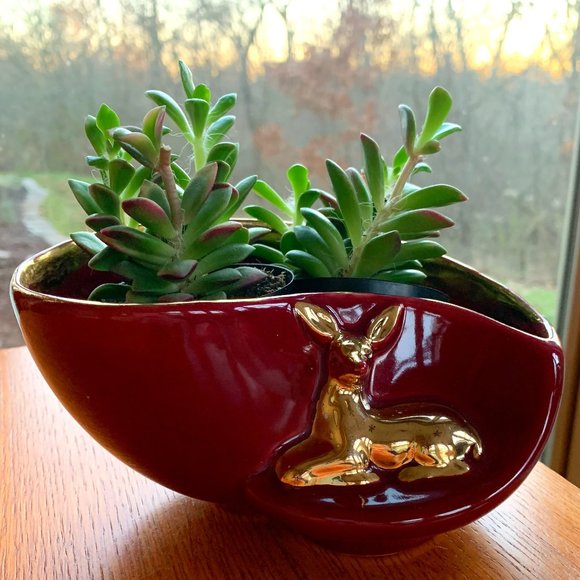 VTG Deer Planter Warranted 22K Gold Rare Kidney Shape Art Deco Red Ceramic